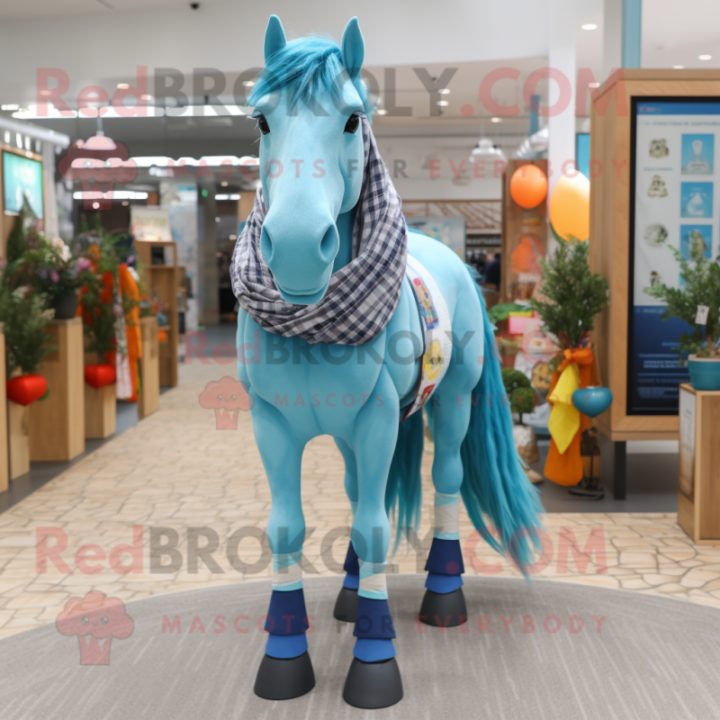 Turquoise Horse mascot costume character dressed with a Oxford Shirt and Scarves