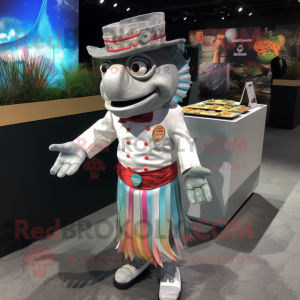 Silver Ceviche mascot costume character dressed with a Dress Shirt and Brooches