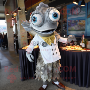 Silver Ceviche mascot costume character dressed with a Dress Shirt and Brooches