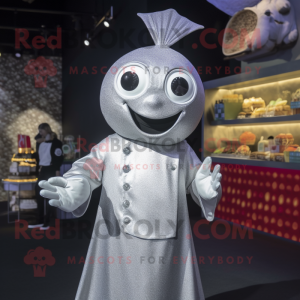Silver Ceviche mascot costume character dressed with a Dress Shirt and Brooches