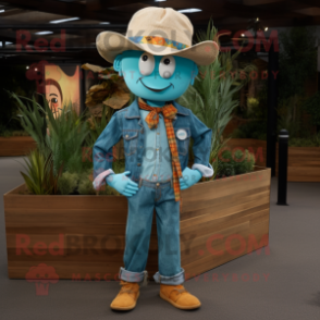 Turquoise Scarecrow mascot costume character dressed with a Boyfriend Jeans and Pocket squares