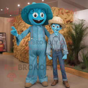 Turquoise Scarecrow mascot costume character dressed with a Boyfriend Jeans and Pocket squares