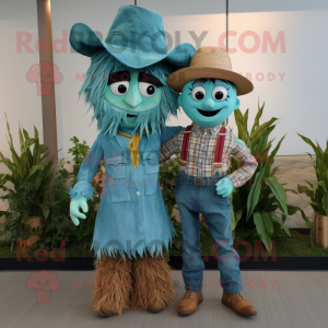 Turquoise Scarecrow mascot costume character dressed with a Boyfriend Jeans and Pocket squares