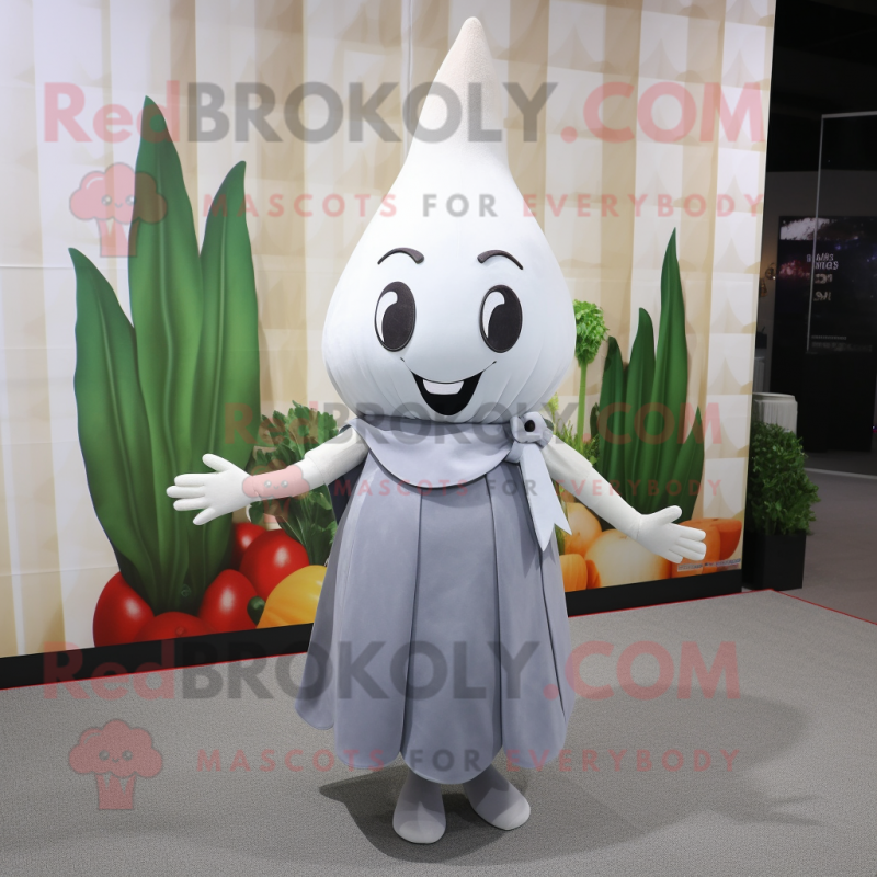 Gray Radish mascot costume character dressed with a Sheath Dress and Keychains