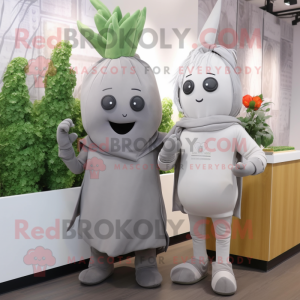 Gray Radish mascot costume character dressed with a Sheath Dress and Keychains