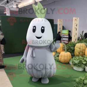 Gray Radish mascot costume character dressed with a Sheath Dress and Keychains