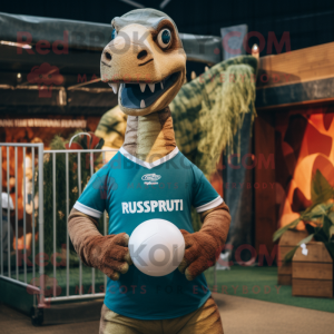 Rust Brachiosaurus mascot costume character dressed with a Rugby Shirt and Headbands