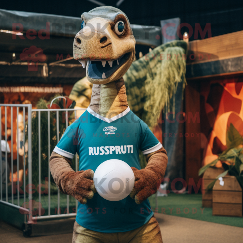 Rust Brachiosaurus mascot costume character dressed with a Rugby Shirt and Headbands Rust Brachiosaurus mascot costume character dressed with a Rugby Shirt and Headbands