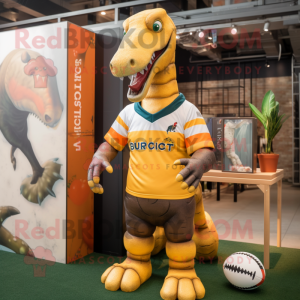 Rust Brachiosaurus mascot costume character dressed with a Rugby Shirt and Headbands