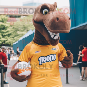Rust Brachiosaurus mascot costume character dressed with a Rugby Shirt and Headbands
