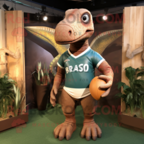 Rust Brachiosaurus mascot costume character dressed with a Rugby Shirt and Headbands