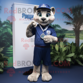 Navy Puma mascot costume character dressed with a Bermuda Shorts and Bracelet watches