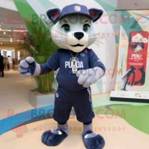 Navy Puma mascot costume character dressed with a Bermuda Shorts and Bracelet watches