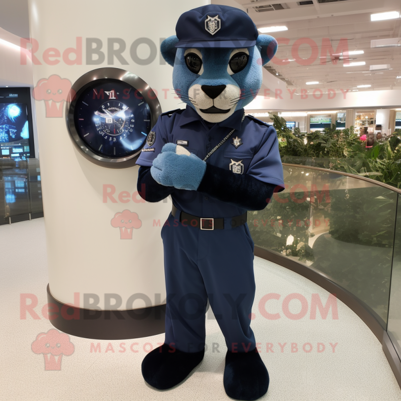 Navy Puma mascot costume character dressed with a Bermuda Shorts and Bracelet watches