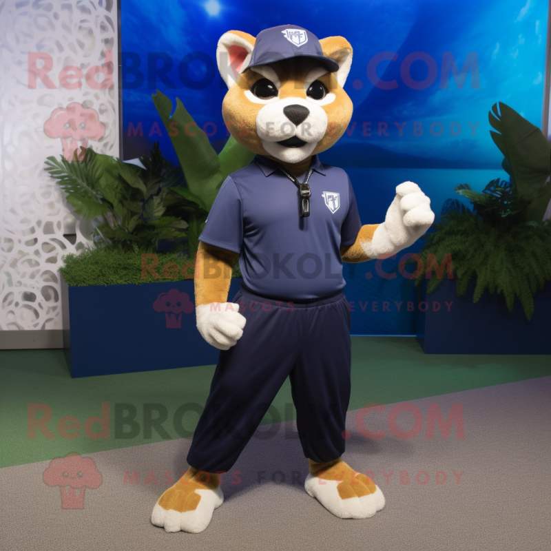 Navy Puma mascot costume character dressed with a Bermuda Shorts and Bracelet watches