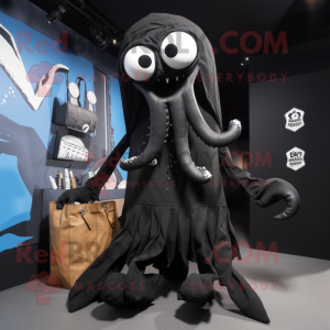 Black Kraken mascot costume character dressed with a Skinny Jeans and Tote bags
