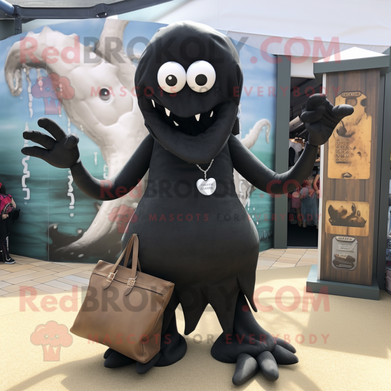 Black Kraken mascot costume character dressed with a Skinny Jeans and Tote bags