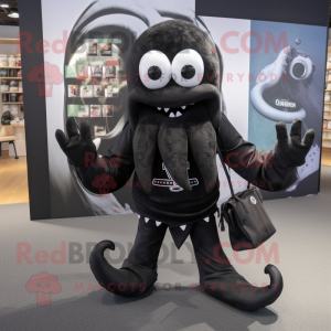 Black Kraken mascot costume character dressed with a Skinny Jeans and Tote bags