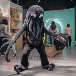 Black Kraken mascot costume character dressed with a Skinny Jeans and Tote bags