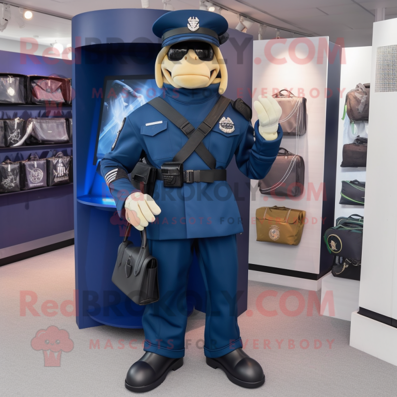 Navy Spartan Soldier mascot costume character dressed with a Suit and Tote bags