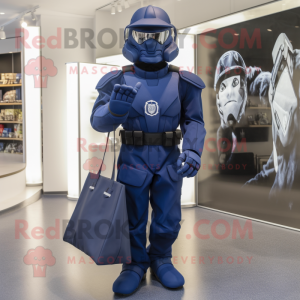 Navy Spartan Soldier mascot costume character dressed with a Suit and Tote bags