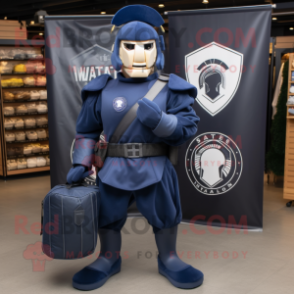 Navy Spartan Soldier mascot costume character dressed with a Suit and Tote bags