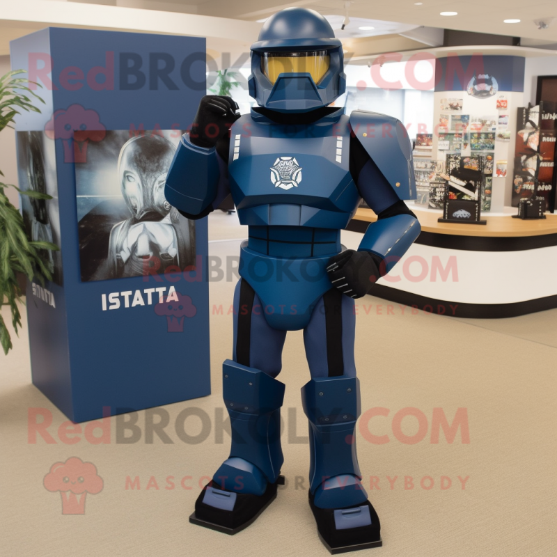 Navy Spartan Soldier mascot costume character dressed with a Suit and Tote bags Navy Spartan Soldier mascot costume character dressed with a Suit and Tote bags