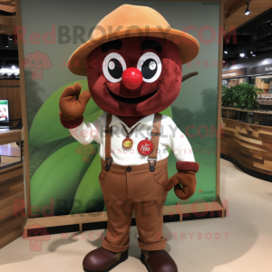 Rust Cherry mascot costume character dressed with a Henley Tee and Suspenders