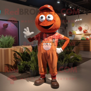 Rust Cherry mascot costume character dressed with a Henley Tee and Suspenders