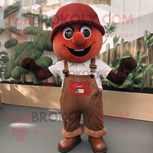 Rust Cherry mascot costume character dressed with a Henley Tee and Suspenders