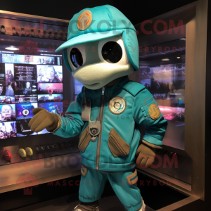 Turquoise Sniper mascot costume character dressed with a Bomber Jacket and Digital watches