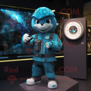 Turquoise Sniper mascot costume character dressed with a Bomber Jacket and Digital watches