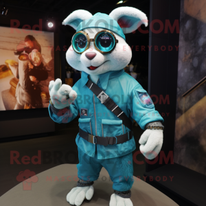 Turquoise Sniper mascot costume character dressed with a Bomber Jacket and Digital watches