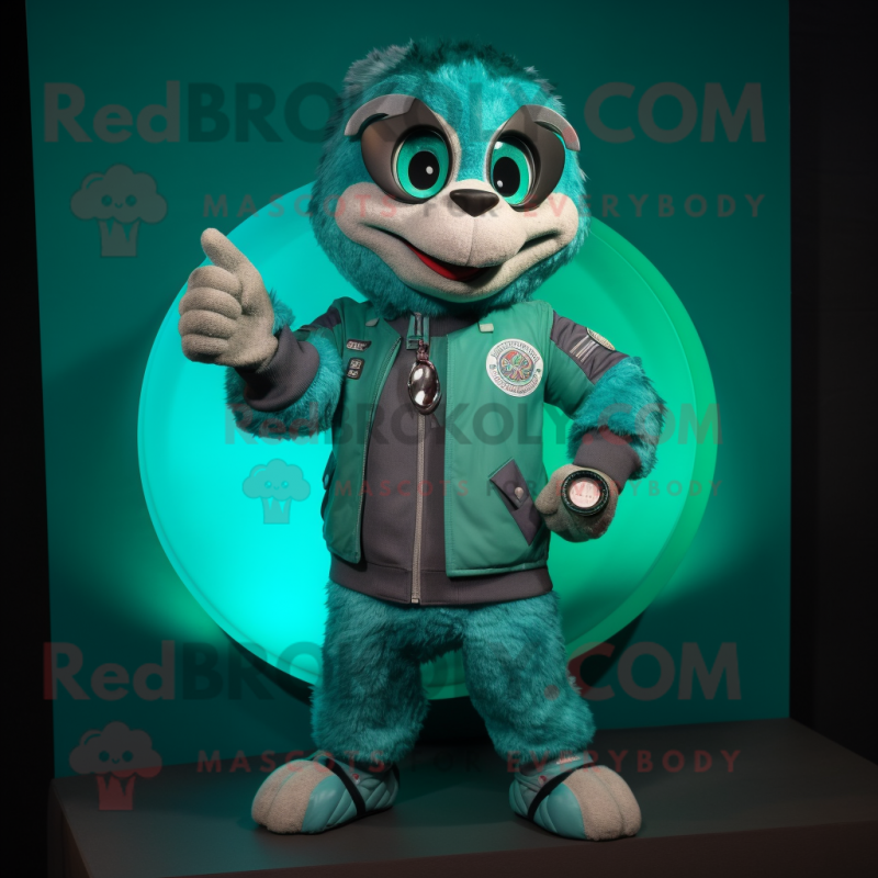 Turquoise Sniper mascot costume character dressed with a Bomber Jacket and Digital watches