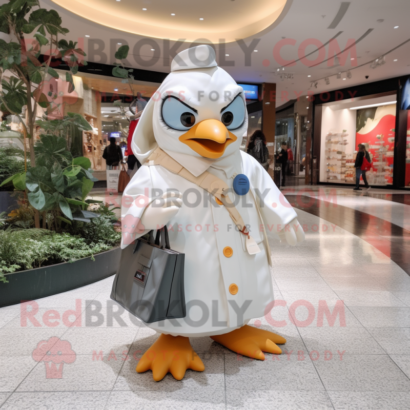 White Penguin mascot costume character dressed with a Raincoat and Handbags