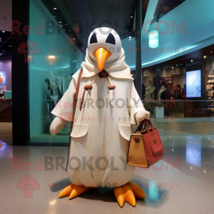 White Penguin mascot costume character dressed with a Raincoat and Handbags