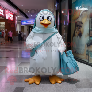 White Penguin mascot costume character dressed with a Raincoat and Handbags