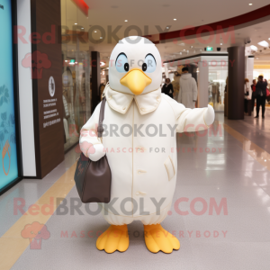 White Penguin mascot costume character dressed with a Raincoat and Handbags