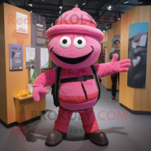 Pink Squash mascot costume character dressed with a Corduroy Pants and Backpacks