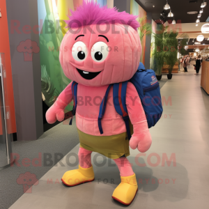 Pink Squash mascot costume character dressed with a Corduroy Pants and Backpacks