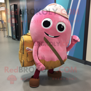 Pink Squash mascot costume character dressed with a Corduroy Pants and Backpacks