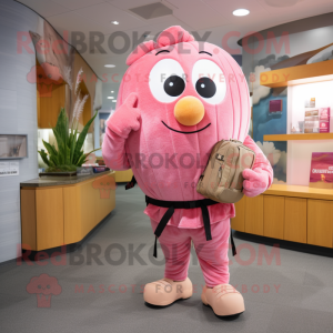 Pink Squash mascot costume character dressed with a Corduroy Pants and Backpacks