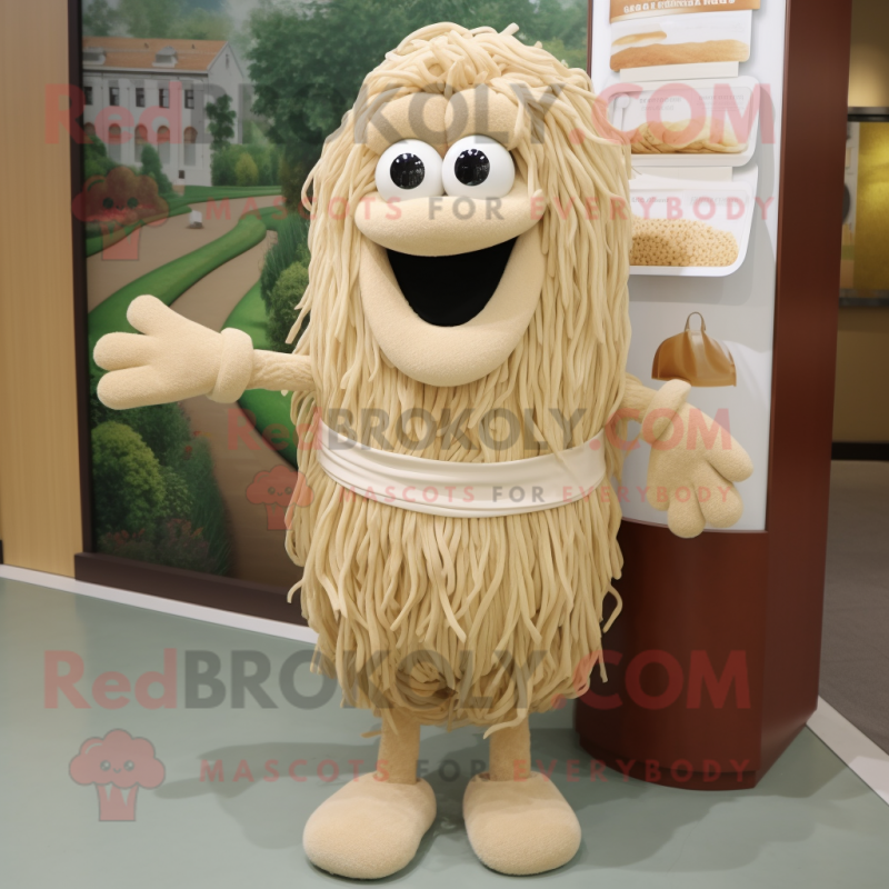Beige Spaghetti mascot costume character dressed with a Shorts and Clutch bags Beige Spaghetti mascot costume character dressed with a Shorts and Clutch bags