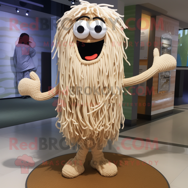 Beige Spaghetti mascot costume character dressed with a Shorts and Clutch bags