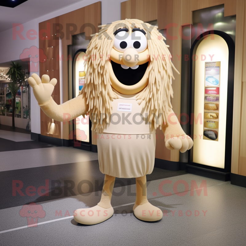 Beige Spaghetti mascot costume character dressed with a Shorts and Clutch bags Beige Spaghetti mascot costume character dressed with a Shorts and Clutch bags