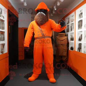 Orange Civil War Soldier mascot costume character dressed with a Jumpsuit and Clutch bags