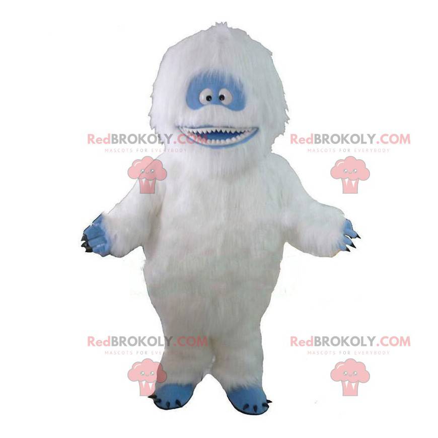 Mascotte yeti bianco e blu, molto peloso e sorridente -