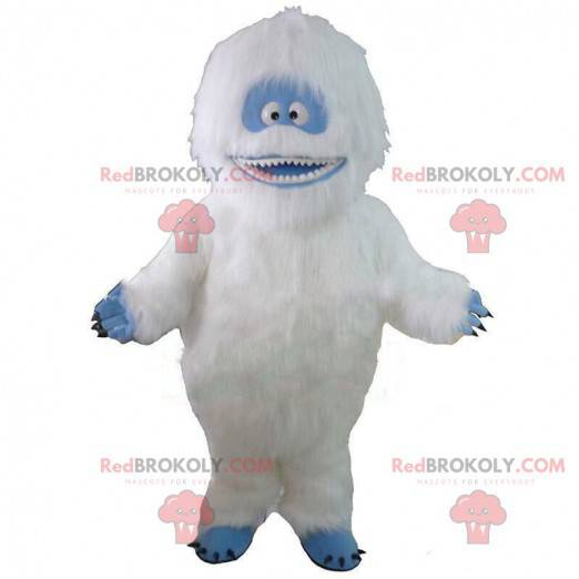 Mascot white and blue yeti, very hairy and smiling -