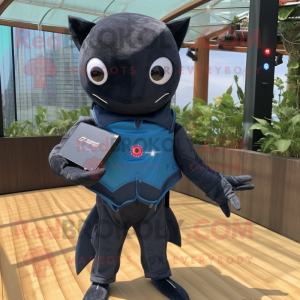 Black Manta Ray mascot costume character dressed with a Denim Shorts and Clutch bags