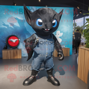 Black Manta Ray mascot costume character dressed with a Denim Shorts and Clutch bags